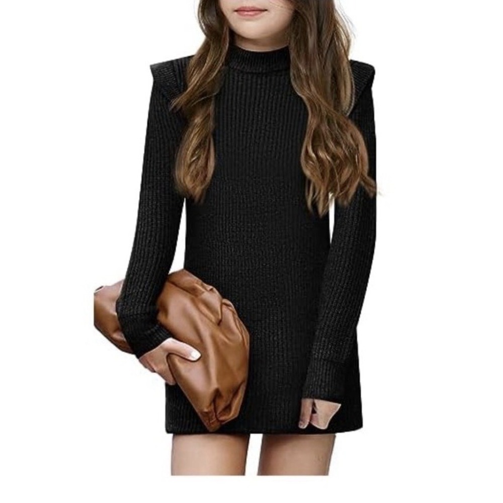 Haloumoning Girls Long Sleeve Sweater Dress Knitted Pullover Black Sz 5-14 Years